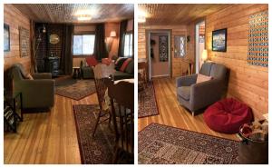 2 fotos de una sala de estar con sofá y sillas en Idyllic Cabin for Rent near Two National Forests in Pinehurst, California, en Pinehurst 21 fotos más