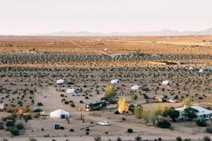 an aerial view of a camping site in the desert at Remote Yurt Amazing for Stargazing near Joshua Tree National Park, California in Sunfair Heights