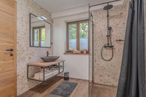 un bagno con lavandino e doccia in vetro di Resort Stari Malni, Osilnica - vacation houses Stari Malni a Osilnica Altre 22 foto