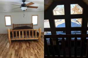 a bedroom with a bed and a ceiling fan at Spacious and Secluded Cabin Rental on Devils Lake in North Dakota in Devils Lake