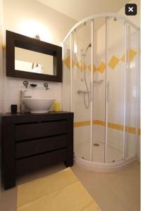 a bathroom with a sink and a shower with a mirror at Pré en Bulles in Trépail