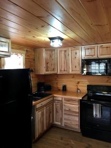 a kitchen with wooden cabinets and a black refrigerator at Authentic Stunning Cabin Rental with Private Jacuzzi near Huntington, West Virginia in Genoa