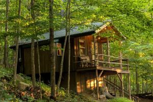 una casa en el bosque con terraza en Treehouse Cabin in Riverton, WV, en Riverton