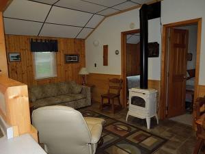 a living room with a couch and a stove at Lakeside Cabin Rental with a Boat Dock in Pine River, Minnesota in Pine River