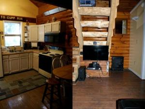 a kitchen with a stove top oven next to a kitchen with a counter at Rustic Cabin Rental near the Ski Slopes in Snowshoe, West Virginia in Snowshoe