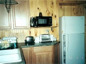 a kitchen with a microwave and a refrigerator at Lake Vacation Rental for Eight-People in the Adirondacks, New York in Severance