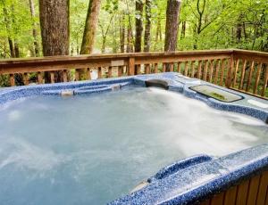 a jacuzzi tub with water in a wooden fence at Great Luxury Dome for Unique Places to Stay in Tennessee in Jones Cove