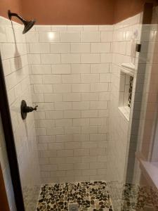 a bathroom with a shower with a glass door at Luxury Cabin Rental with Beautiful Water Views near Charlotte, North Carolina in Elkin