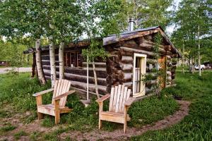 two chairs sitting outside of a log cabin at Family-Friendly Cabin Rental Hidden in Woods of North Central Colorado in Columbine