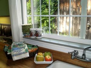 eine Küchentheke mit Spüle und Fenster in der Unterkunft Spectacular Riverside Getaway Cabin with Claw Foot Bathtub in Castella, California in Dunsmuir