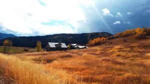 une maison au milieu d'un champ herbeux dans l'établissement Charming Vacation Rental for Large Groups near Yellowstone National Park, Wyoming, à Thayne