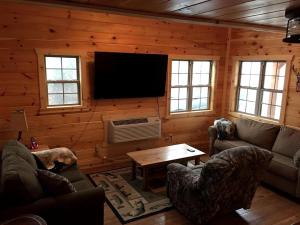 - un salon avec des canapés et une télévision dans une cabine dans l'établissement Cozy Family-Friendly Cabin with Private Outdoor Jacuzzi near Huntington, West Virginia, à Genoa