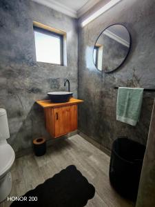 a bathroom with a sink and a mirror at Oppi Plaas See Uitsig Seemeeu in Great Brak River +14 photos