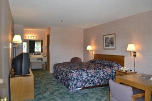 a hotel room with a bed and a television at Apple Blossom Inn in Eureka Springs