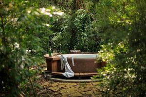 a bath tub in the middle of a garden at Secluded Cabin Rental with Jacuzzi for Romantic Weekend Getaway near Austin, Texas in Cat Spring