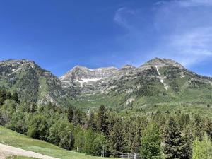 a view of a mountain range with trees in the foreground at Lovely Secluded A-frame with Hot-tub in Sundance, Utah in Sundance +56 photos
