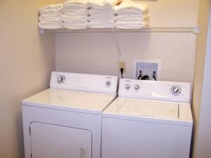 - une buanderie avec un lave-linge et un sèche-linge dans l'établissement Luxury Vacation Rental with a Hot Tub for Rent in Clyde, North Carolina, à Crabtree