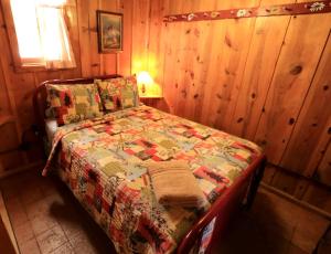 a bedroom with a bed in a wooden room at Charming Cabin Rental near Hot Springs in Howelsen Hill Ski Area, Colorado in Columbine