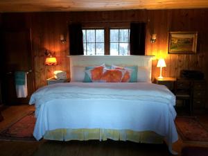 a bedroom with a large white bed with pillows at Cozy Cottage Rental with Lake Views near Okemo State Forest, Vermont in Tyson