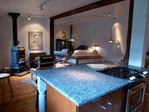 a kitchen with a counter top and a room with a bed at Luxury Open Floor Plan Studio Rental in Nine-Acre Sculpture Garden in the Adirondacks in Wells +27 photos