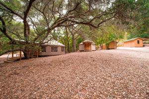 a dirt road with some trees and some buildings at Elegant Yurt Tucked Beneath Oak Trees on Southern California Ranch in Cayucos