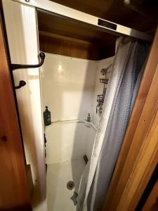 une salle de bain avec une douche avec un rideau de douche dans l'établissement Charming Lakeside Cabin Bungalow with Timeless Rustic Beauty near Portage Lake in Maine, à Portage Lake Municipal Seaplane Base