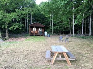 una mesa de picnic de madera frente a una cabaña en Log Cabin for Family Glamping Vacation near Cherry Springs State Park, Pennsylvania, en Short Run