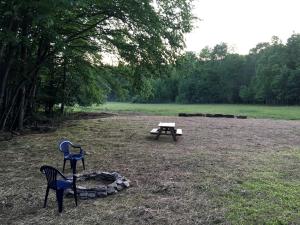 two chairs and a picnic table in a field at Log Cabin for Family Glamping Vacation near Cherry Springs State Park, Pennsylvania in Short Run