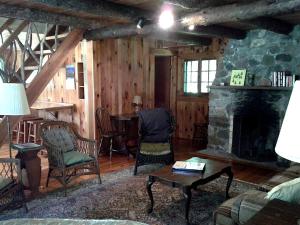 a living room with a stone fireplace in a cabin at Secluded Group Rental in the Woods with Stone Fireplace near Plattsburgh, New York in Severance