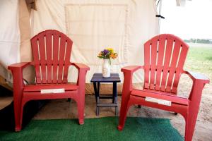 two red chairs and a table with a vase of flowers at Scenic Northern Michigan Glamping Tent on a Regenerative Farm in Elmira