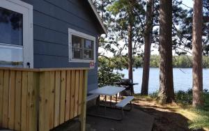 a blue house with a picnic table next to a lake at Lakeside Cabin Rental with a Boat Launch near Tomahawk, Wisconsin in Tomahawk