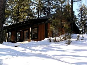 eine Blockhütte im Schnee mit Bäumen in der Unterkunft Inviting Family-Friendly Cabin Rental for Four on Flathead Lake in Montana in Lakeside