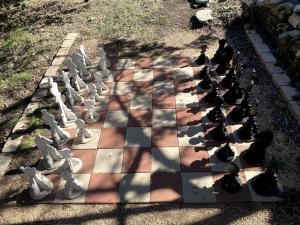 a chessboard with black and white figures on it at Wimberley Romance: Escape to a Cozy Cabin Nestled in Nature, TX in Woodcreek