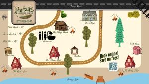 une carte d'un village avec des maisons et une route dans l'établissement Portage Lakeside Cabins in Portage Lake, ME, à Portage Lake Municipal Seaplane Base