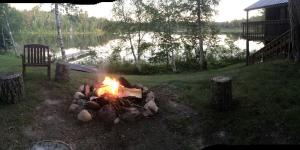 a fire pit in a yard next to a lake at Stunning Cabin Getaway Surrounded by Towering Pine Trees in Walker, Minnesota in Ah-gwah-ching +10 photos