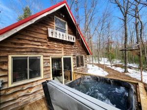 une cabane en rondins avec une voiture garée devant elle dans l'établissement Secluded Luxury Cabin with Hot Tub on 10 Private Acres near Trails in Reed City, Michigan, à Idlewild