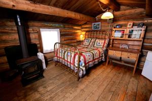 a bedroom with a bed in a log cabin at Remote Cabin Rental near Pearl Lake in Mountains of Clark, Colorado in Columbine