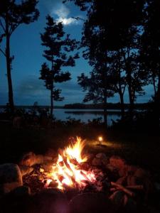 a fire pit in a field at night at Idyllic Lake Cabin for a Camping Getaway in Cross Wing County, Minnesota in Emily +2 photos