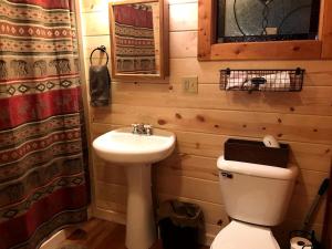 a bathroom with a toilet and a sink at Private Cabin with Wi-Fi Nestled in the Mountains of Hiawassee, Georgia in Mountain Scene +12 photos