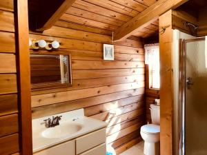 La salle de bains en bois est pourvue d'un lavabo et de toilettes. dans l'établissement Secluded Cabin Rental near Watoga State Park in West Virginia, à Hico