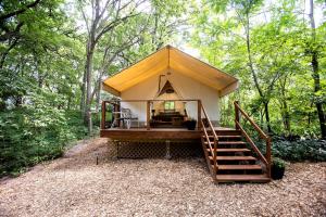 uma pequena casa na floresta com uma escada em Stunning Tented Cabin with Fire Pit in Des Moines, Iowa em Marquisville