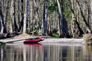 un bateau rouge assis sur la rive d'une masse d'eau dans l'établissement Unique Glamping Rental with Amazing Hiking Trails near Gainesville, Florida, à Fort McCoy
