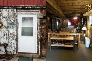 zwei Bilder eines Zimmers mit Tür und eines Hauses in der Unterkunft Rustic Barn Rental for a Rural Vacation near Des Moines, Iowa in Montezuma + 7 Fotos