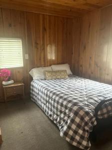 Un dormitorio con una cama en una pared de madera. en Cozy Tiny Cabin 8 in Rapid City, SD, en Hill City