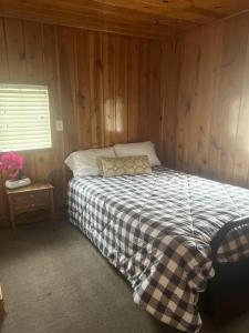Un dormitorio con una cama en una pared de madera. en Cozy Tiny Cabin 8 in Rapid City, SD, en Hill City