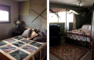 two pictures of a bedroom with a bed and a window at Peaceful Cabin Getaway Overlooking Tuscarawas River Valley in New Philadelphia, Ohio in New Philadelphia
