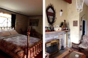 two pictures of a bedroom with a bed and a fireplace at Peaceful Cabin Getaway Overlooking Tuscarawas River Valley in New Philadelphia, Ohio in New Philadelphia