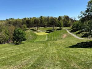 a view of a golf course with a green field at Charming Cabin on Golf Course with Fireplace & Resort Perks in Hedgesville, West Virginia in Baxter