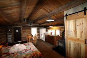a room with a bed and a kitchen in a cabin at Rural Cabin Rental in Secluded Mountain Area in North Central Colorado in Columbine