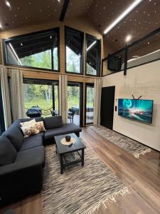 a living room with a couch and a tv at Villa Syöte in Syöte